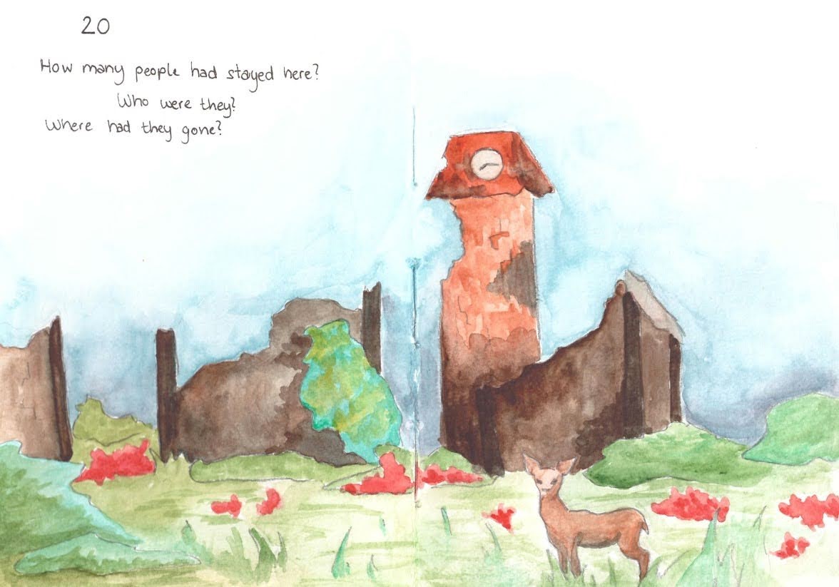 Deer in front of ruins and flowers