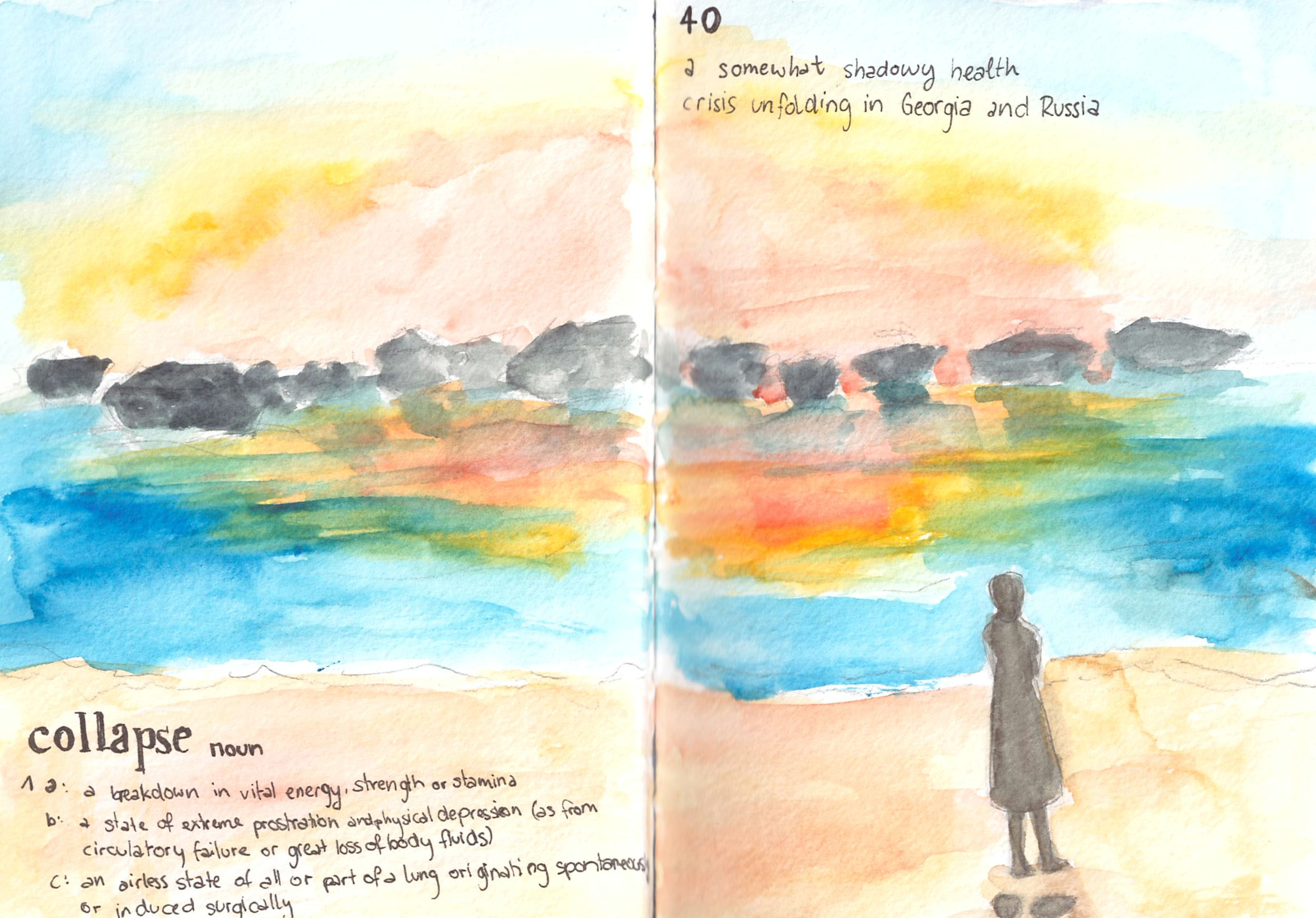 Watercolour painting of a human in front of a colourful scene with blocks of dark on a horizontal line. A caption reads: "40 - a somewhat shadowy health crisis unfolding in Georgia and Russia"