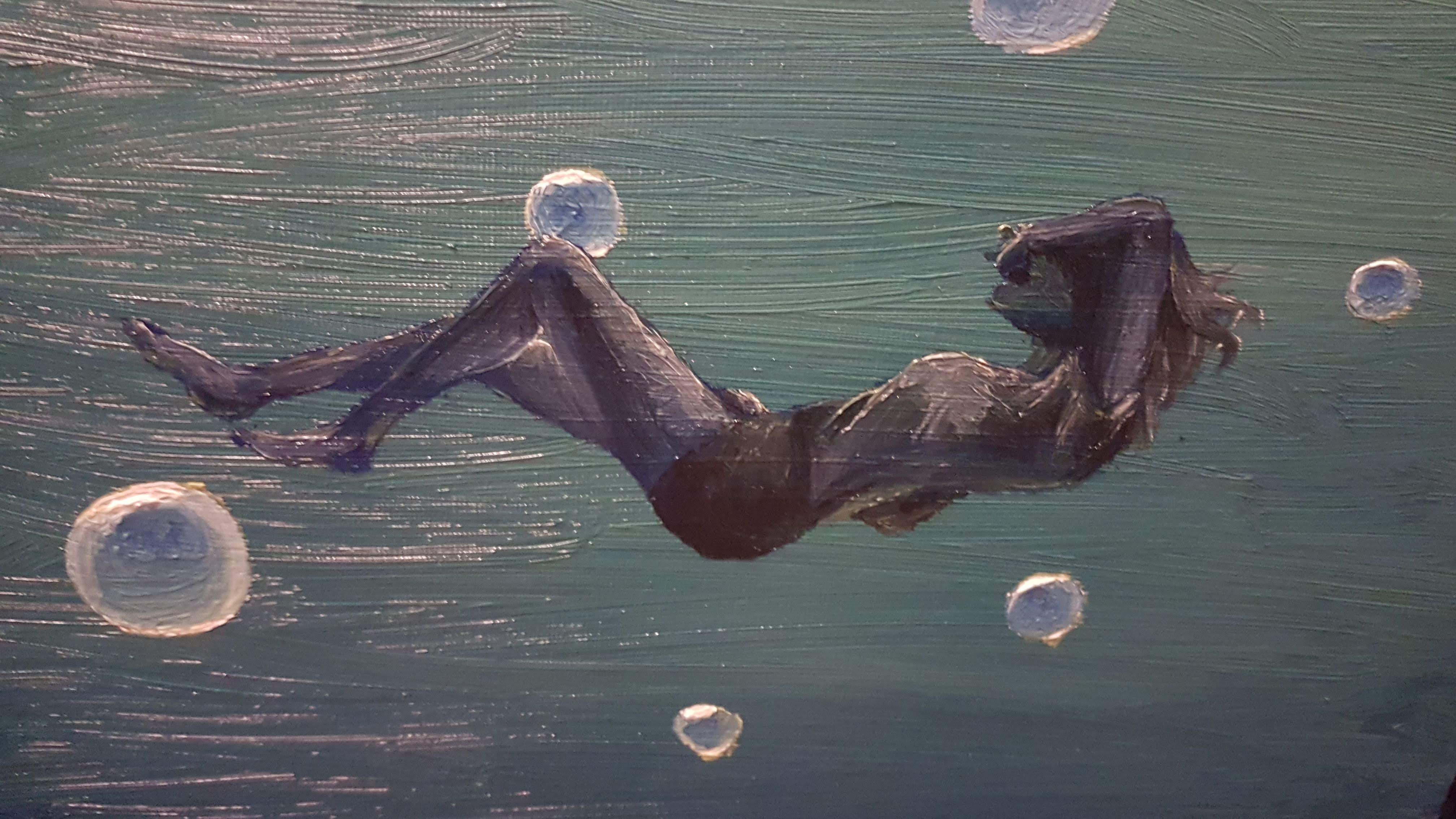 oil painting of a girl floating between bubbles in greenish light