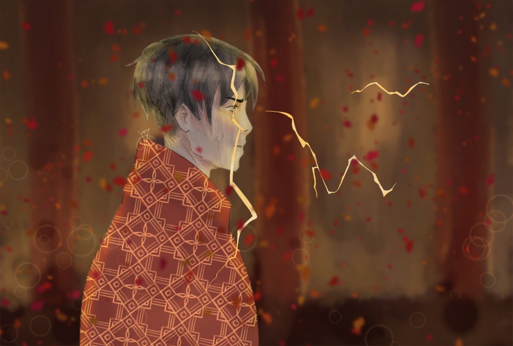 man in a red coat, lightning coming from his eye, soft sad expression