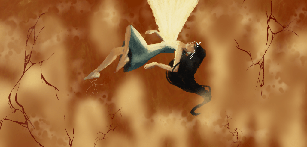 girl floating in orange light with a light beam emerging from her chest