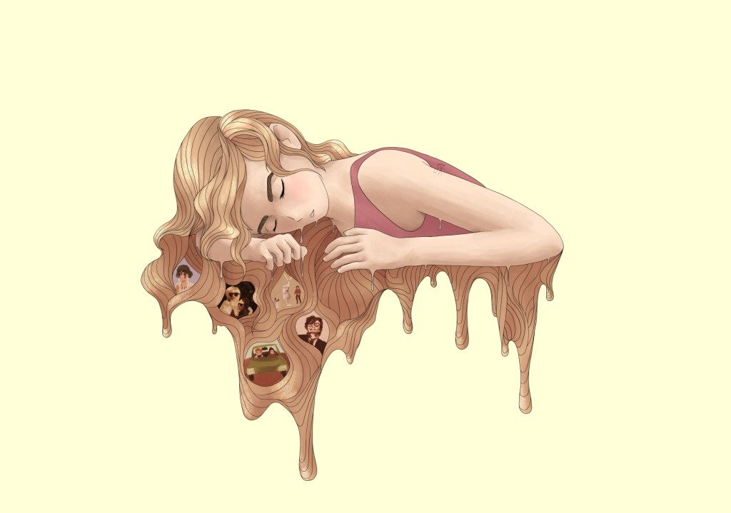 Sleeping girl melting, tiny paintings of movies in the melting hair