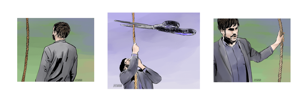 three images. a man in front of a rope, the man climbing the rope while the rope is about to be cut by an oversized pair of scissors, the man holding the rope