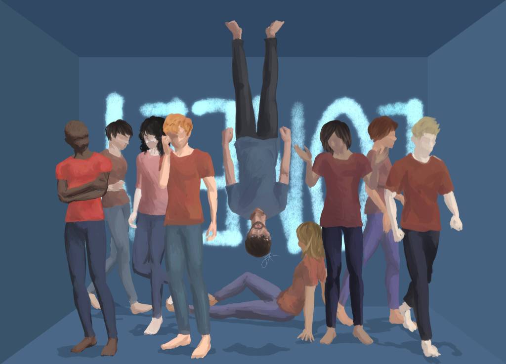 several men in red shirts in a blue room, one man upside down (standing on / hanging from the ceiling) in a blue shirt looking at the camera, digital painting