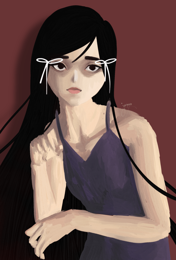 portrait of the girl with white ribbons in her hair. soft expression