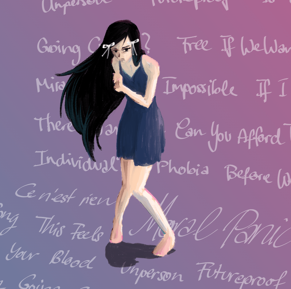 girl with white ribbons in her hair by her temples staring at the viewer, cowering as if to protect something in her hands. track titles of the moral panic album written in the background