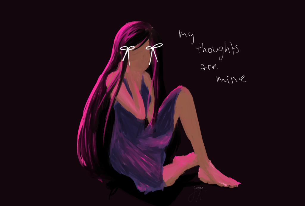 girl with two white ribbons in her hair by her temples sitting in blackness, pink lighting, handwritten text "my thoughts are mine" beside her