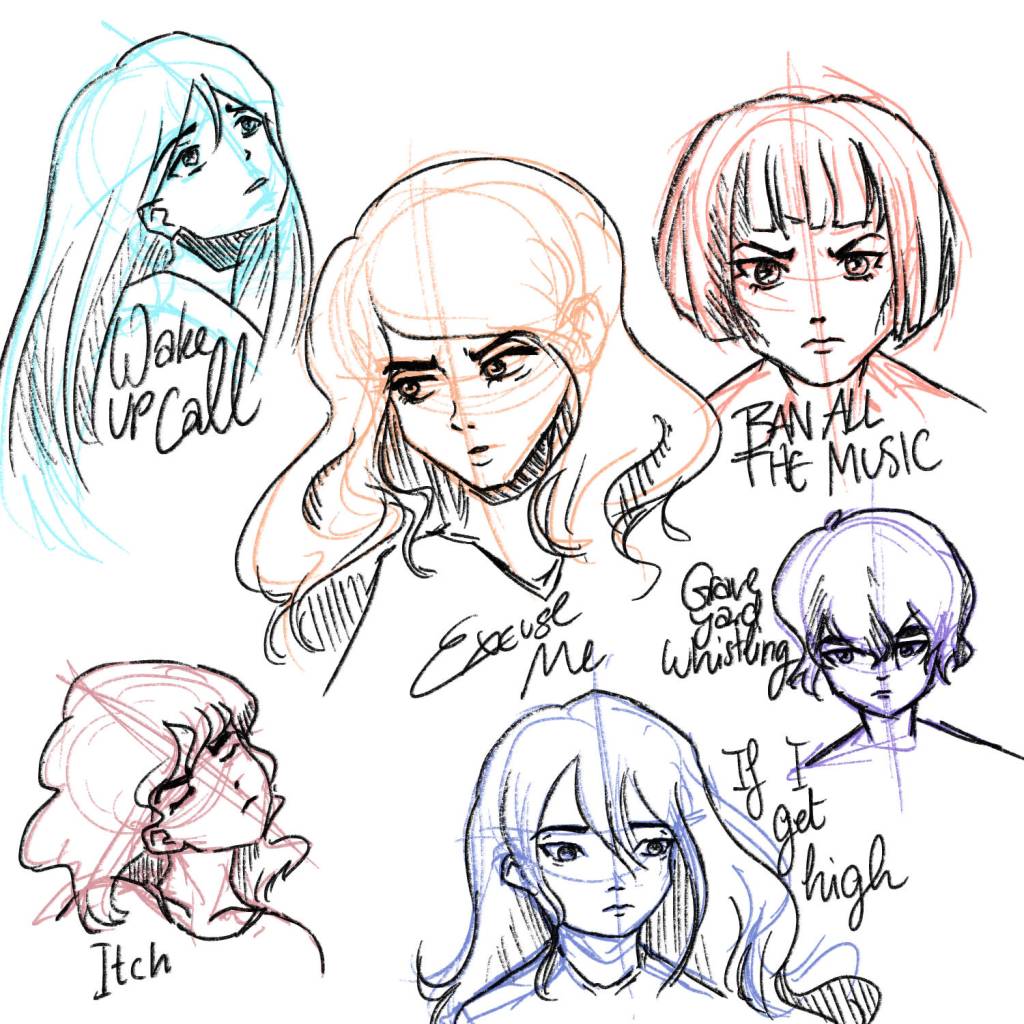 Several sketchy heads, displaying different emotions. First six song titles of Nothing But Thieves' self titled album next to them