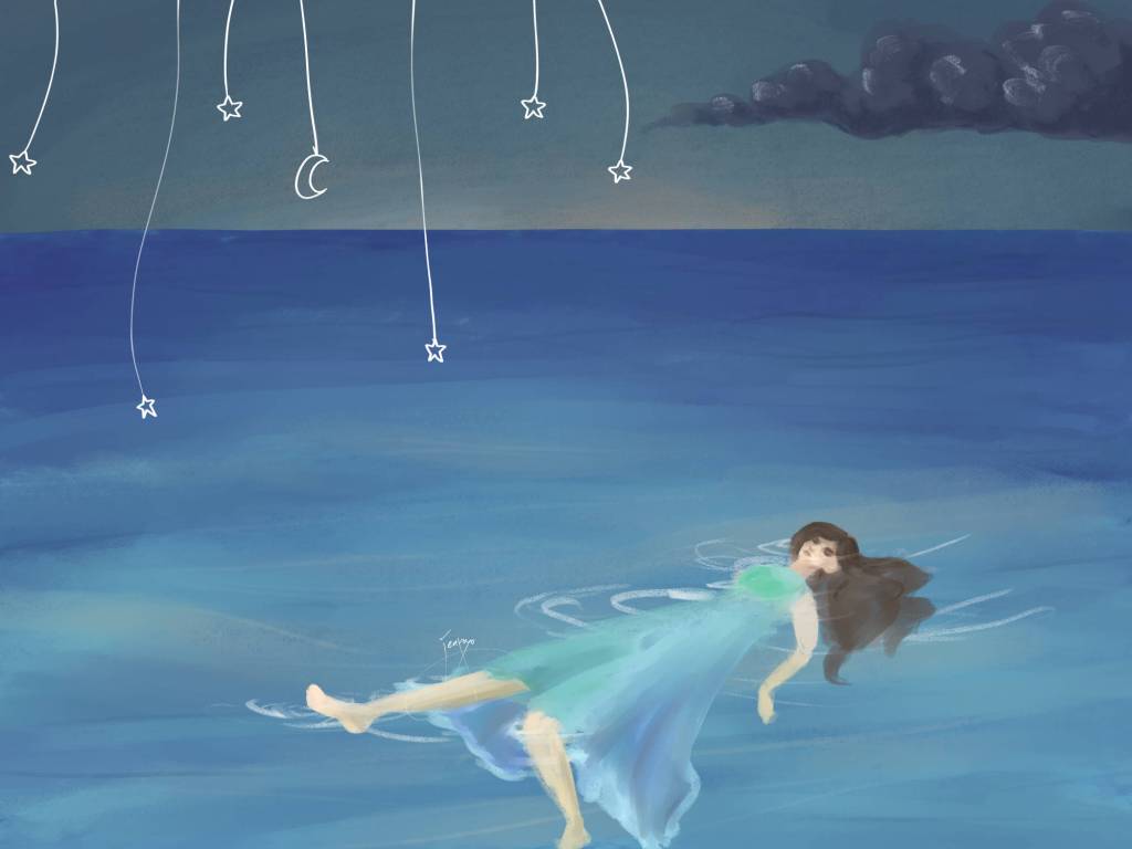 girl lying in water, sea spreading to the edge of the canvas on both sides, stars and a moon hanging from the upper edge of the canvas (only lines)