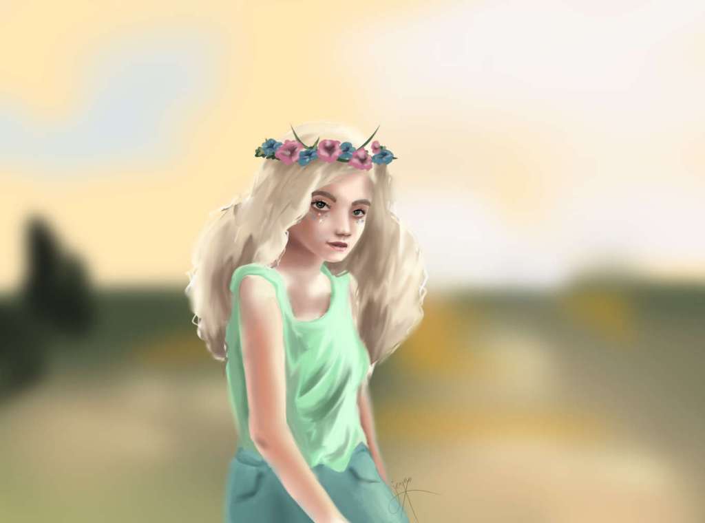 digital painting of a girl with glitter and flower crown in front of the sunset