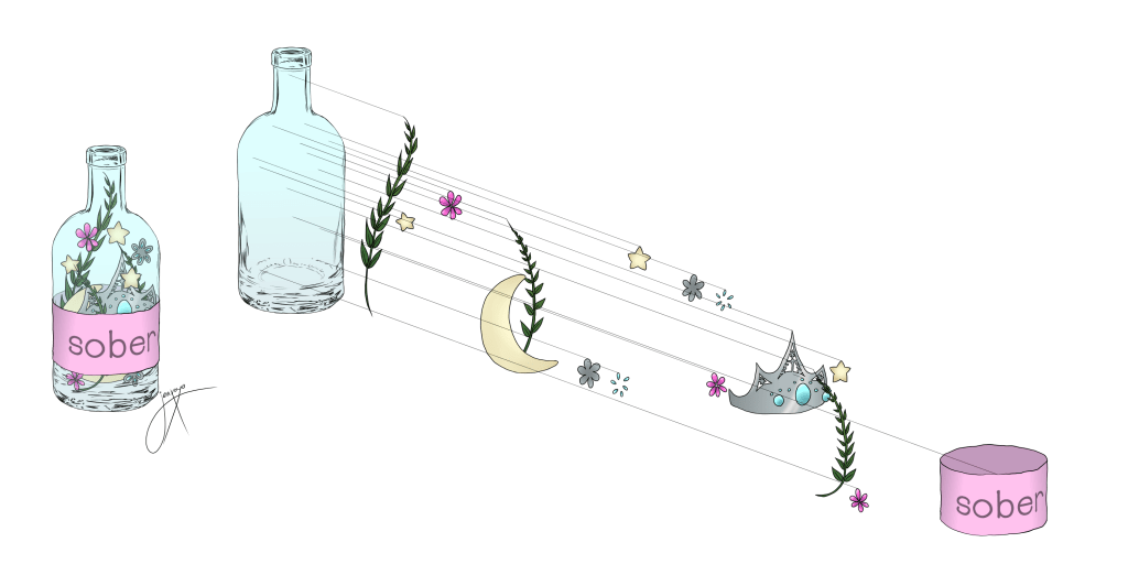 bottle with items on the left, label reads sober. bottle with all the items and the label in front of it, parallel lines indicating their spot in the bottle, spread out to the left. items include a crown, moon, stars and foliage