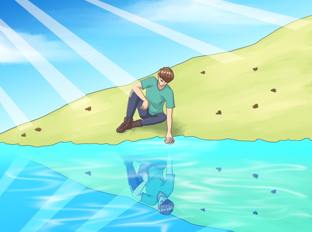 Illustration of a guy sitting near a body of water in the sunshine. He is reaching out to his relfection, the reflection breaks the water surface and their hands touch.