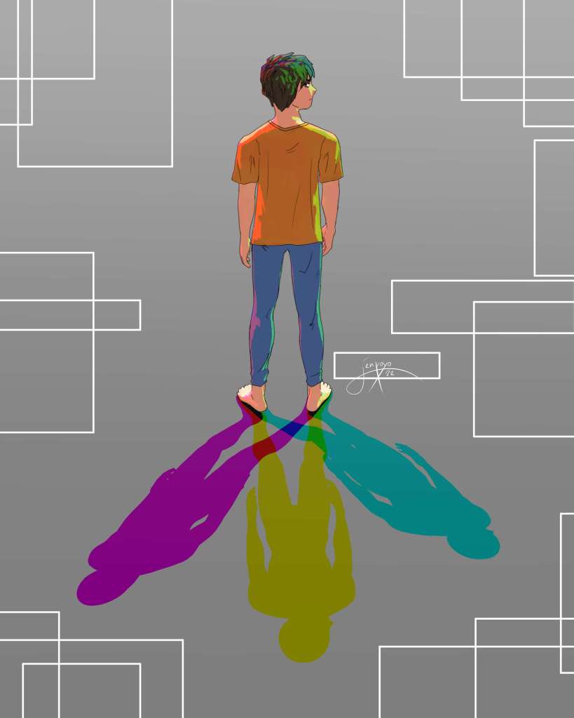 drawing of a guy from behind, he is looking over his shoulder. The background is a simple grey gradient with some white lines, but there is couloured lighting on and shadows behind him as if he was lit by a red, a green and a blue lamp - a magenta, yellow and cyan shadow overlapping.