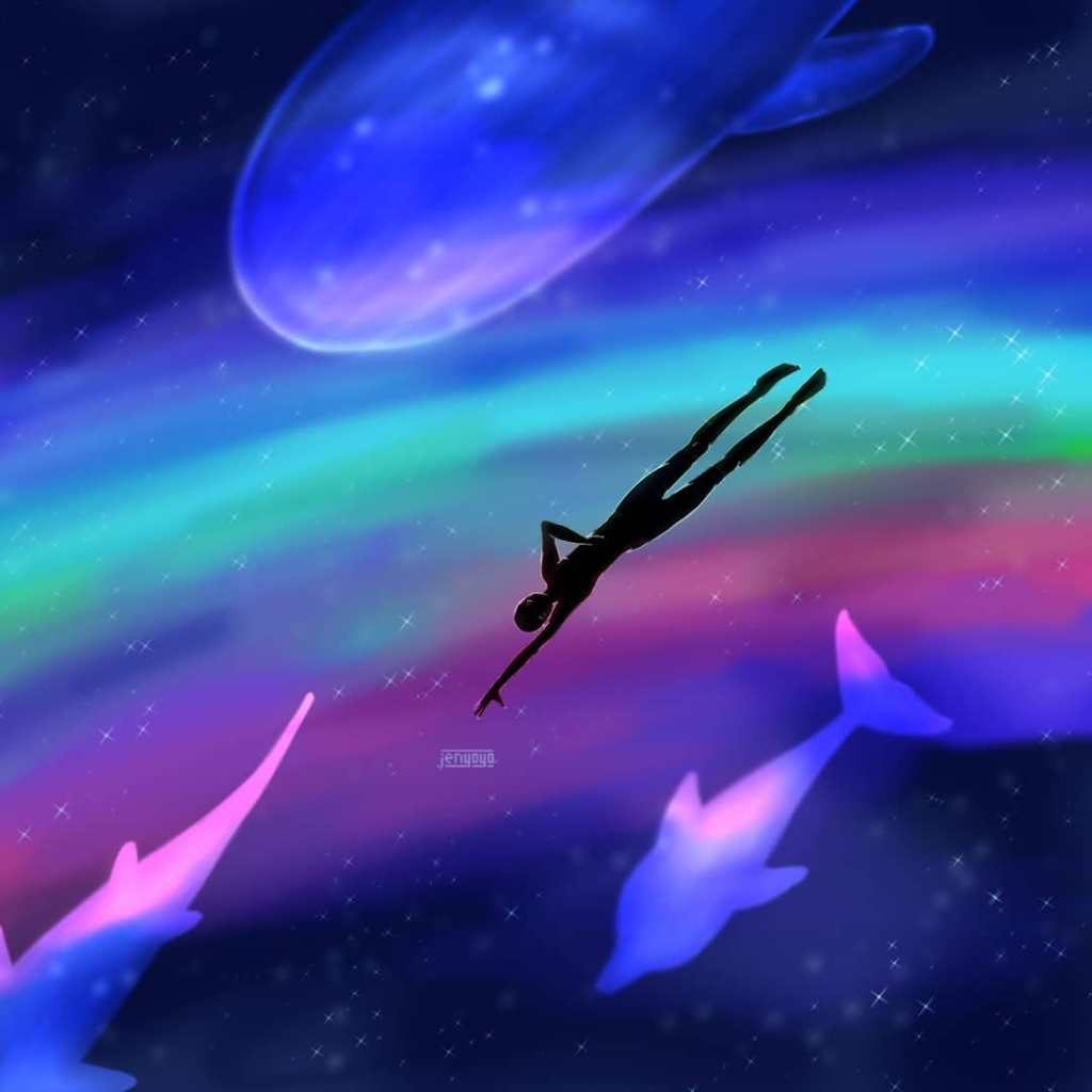 Digital painting: Person swimming from below, body entirely black with some rimlighting. Background is streaked with green and pink, shows stars, and some water animal silhouettes can be seen.