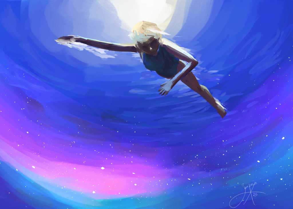 Digital painting of a swimmer from front and below. Water turns into streaks of pink and green with white spots, resembling a galaxy in the lower part of the picture.