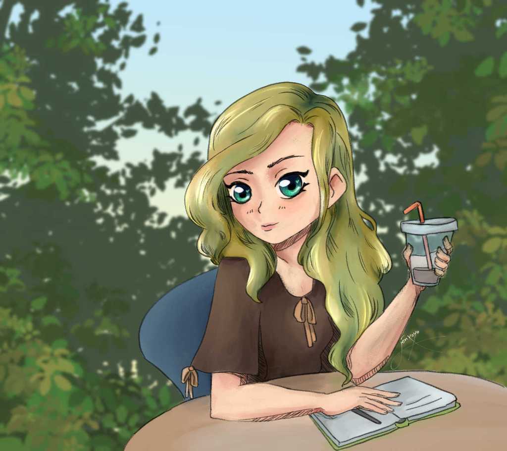 Drawing of an anime style girl with greenish blonde hair, sitting at a table with an open journal holding a drink.