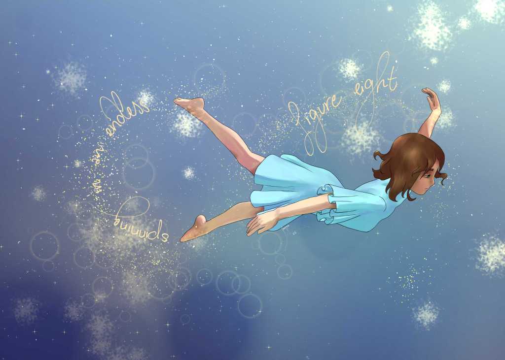 Girl floating from the side with outstretched arms, text completing a lying "8" saying "Spinning in an endless figure eight". Blue hues, with yellow sparkles.