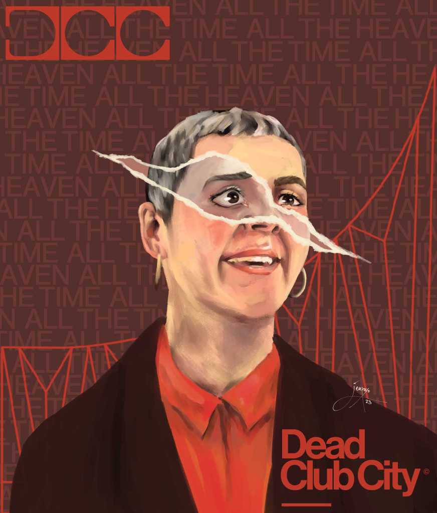 DCC poster with a portrait of a laughing woman. The poster is ripped where one of the eyes would be, revealing an eye with a very shocked expression.