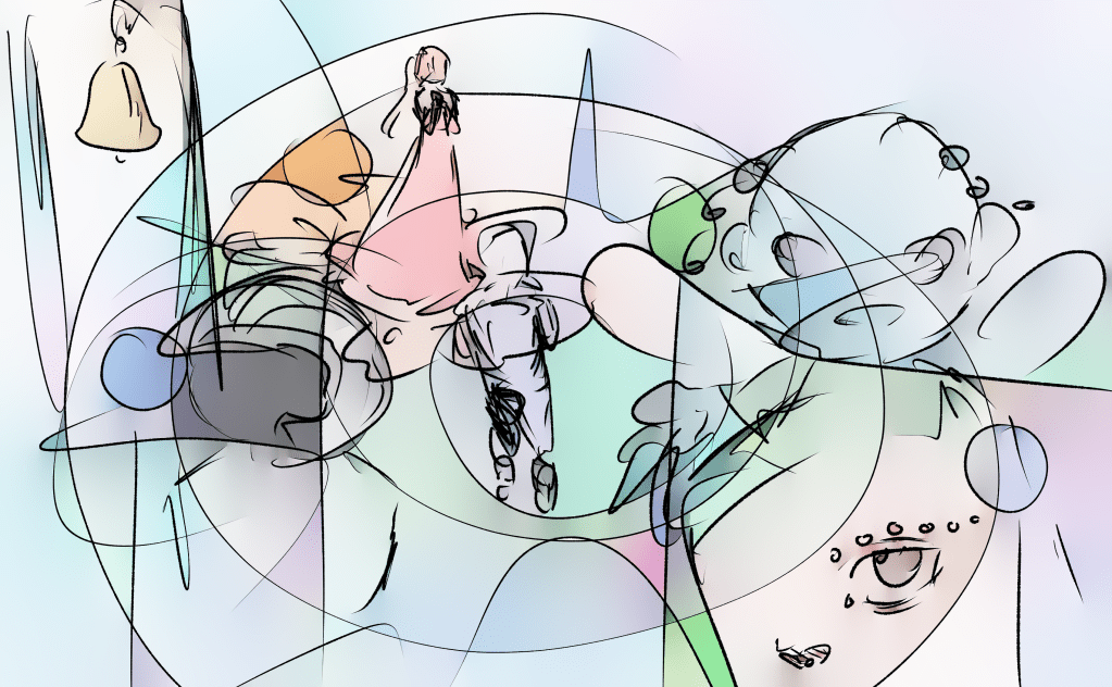 Lots of lines and pastel colouring. What can be discovered among the lines: a bell, a man running, a winged child-like figure, an eye with a dotted eyebrow, a helmet, a woman in a red ress